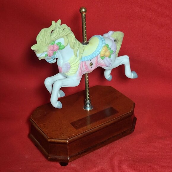 Musical Carousel Horse Bisque Porcelain Wood Base Plays Wind Beneath My Wings - Picture 7 of 12